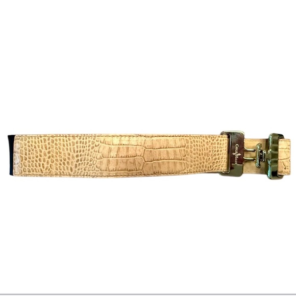 Cole Haan Tan/Silver Crocodile Embossed Leather Stretch Back 1.5” Belt Small - Picture 1 of 10